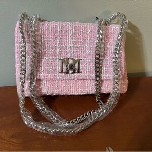 Badgley Mischka Pink Tweed Shoulder Bag with Silver Chain